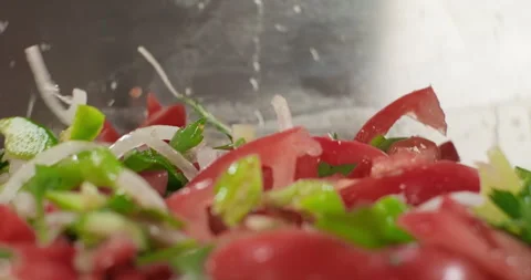 Close-up chopping vegetables with a knife. Professional male chef prepares dish Stock Footage 293805977