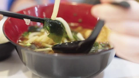 Close-up of chopsticks lifting thick udon noodles and seaweed from a bowl o.. 動画素材 341176775