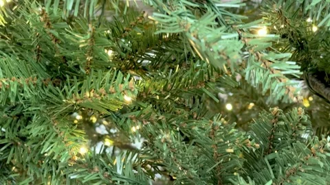 Close up of Christmas decorations. Green branches of fir tree with lights g.. Stock Footage 321374747