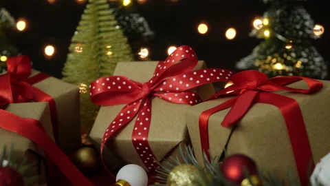 Close up of christmas gift boxes and decorations Stock Footage 214821234