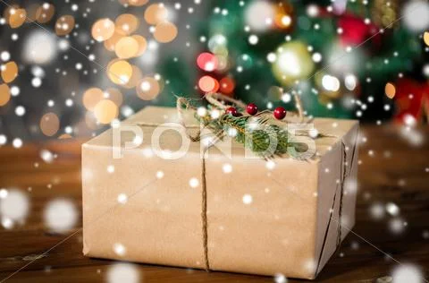Close up of christmas gift with fir brunch Stock Photos