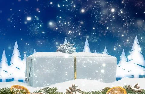 Close-up of a Christmas gift with wintry background Stock Photos