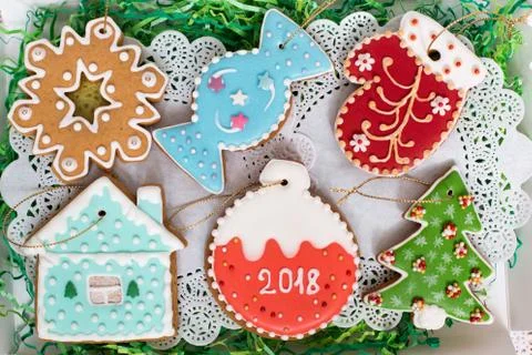 Close up of Christmas gingerbread set. Different colorful cookie figures seals Stock Photos