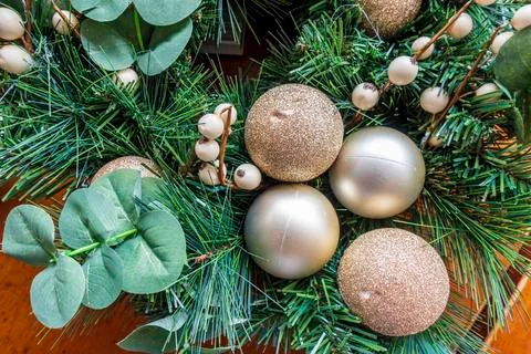 Close-up of Christmas table decorations consisting of artificial pine leaves, Stock Photos