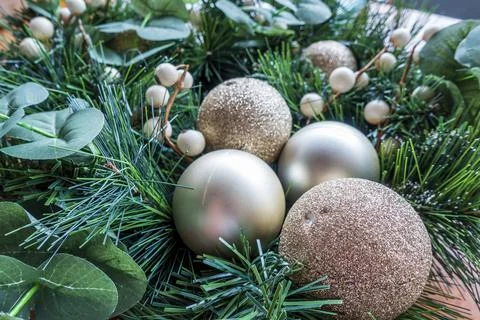 Close-up of Christmas table decorations consisting of artificial pine leaves, Stock Photos