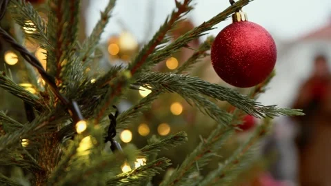 Close-up of christmas tree branch with red bauble and warm lights Stock Footage 323196452