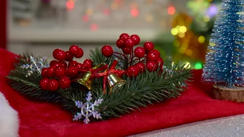 Close-up of Christmas tree branches with berries and a blue Christmas tree Stock Footage 260887971