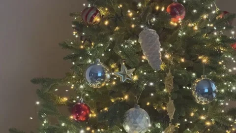 Close Up Christmas Tree Decorations With Lights And Ornaments Festive Holiday Stock Footage 344881810