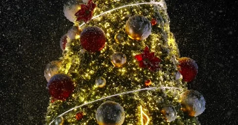 Close up of Christmas tree details with artificial red poinsettia flowers Stock Footage 321825563
