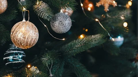 Close up christmas tree with gift boxes and wooden bicycle Stock Footage 120794785