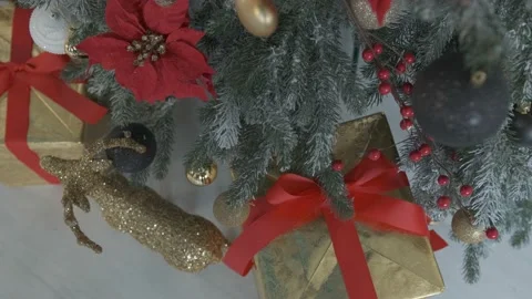 Close up of a Christmas tree with the gift boxes. Stock Footage 142807541