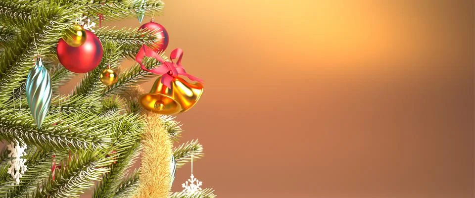 Close up christmas tree gold header or banner background with red ornaments. Stock Illustration