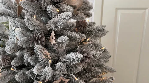 Close up Christmas Tree with lights and balls in beige, gold and white Stock Footage 225514982