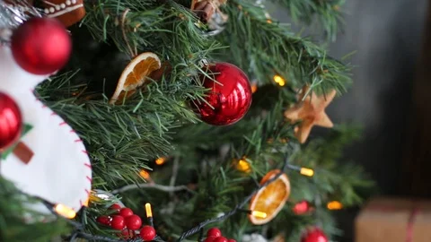 Close up a Christmas tree lights glittering at night. New Year fir tree with Stockbeeldmateriaal 119026323