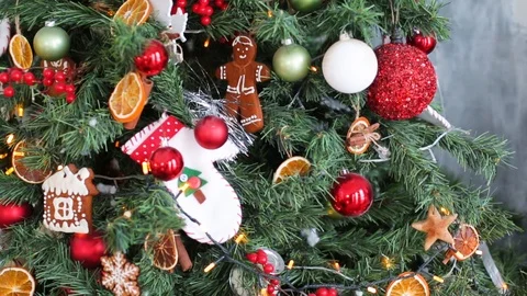 Close up a Christmas tree lights glittering at night. New Year fir tree with Video stock 119026504