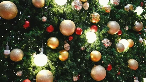 Close up a Christmas tree lights glittering at night. New Year fir tree with dec Stock Footage 144218333
