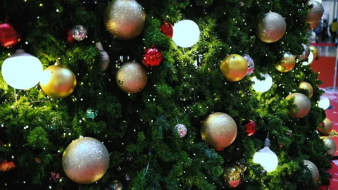 Close up a Christmas tree lights glittering at night. New Year fir tree with dec Stock Footage 145299935