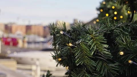 Close-up of a Christmas tree with lights at a harbour. Version 2 Stock Footage 293070178