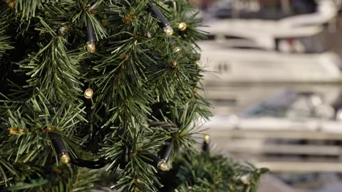 Close-up of a Christmas tree with lights at a harbour. Version 4 Vidéo 293070353