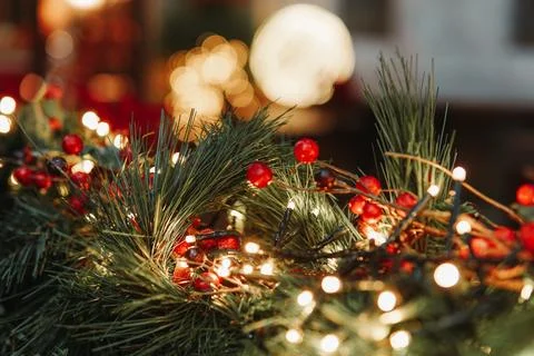Close-up of a Christmas tree with lights Stock Photos