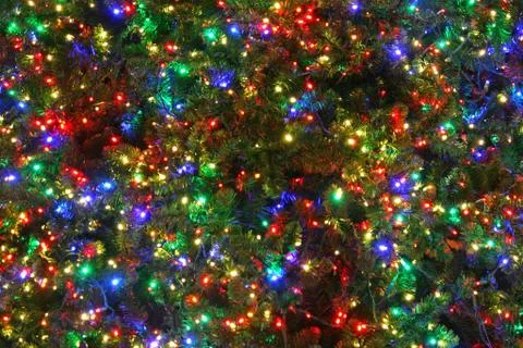 A close up of a Christmas tree with multi colored lights Stock Photos