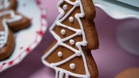 Close Up Christmas Tree Shaped Cookie on Table Stock Footage 330517254
