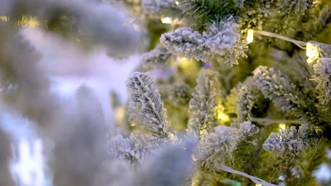 Close-up of a Christmas tree with yellow lights covered in snow Stock Footage 229003996