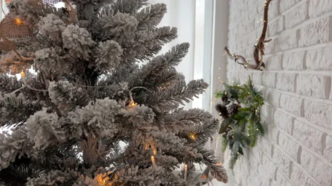 Close up Christmas White Tree with lights and decorations Stock Footage 225515463