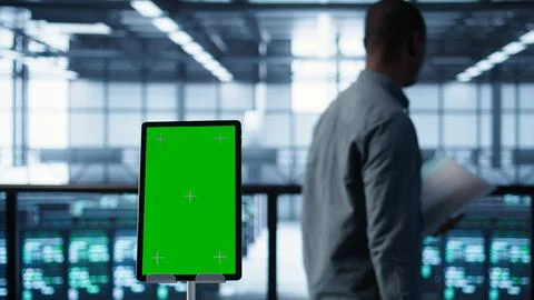 Close up of chroma key tablet next to coworkers examining data center Stock Photos