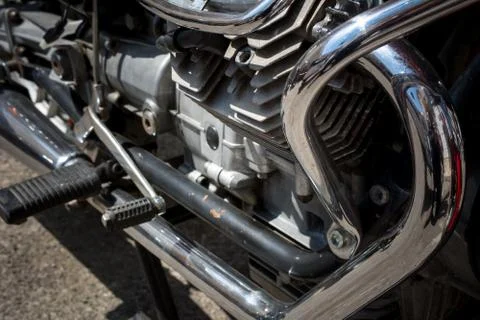 Close Up of the Chrome Parts of an Engine of a Custom Motorbike Stock Photos