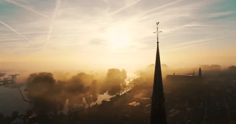 Close of a church the camera flies down revealing more of the church Video stock 63616063