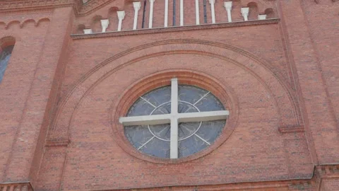 Close-Up of Church of St. John the Baptist Brick Facade in Plungė, Lithuania Stock Footage 338404609