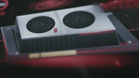 Close cinematic view shows a white dual fan GPU Stock Footage 342487479
