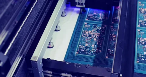 Close-up circuit board in automatic equipment on conveyor line with blue light. Stock Footage 201599654