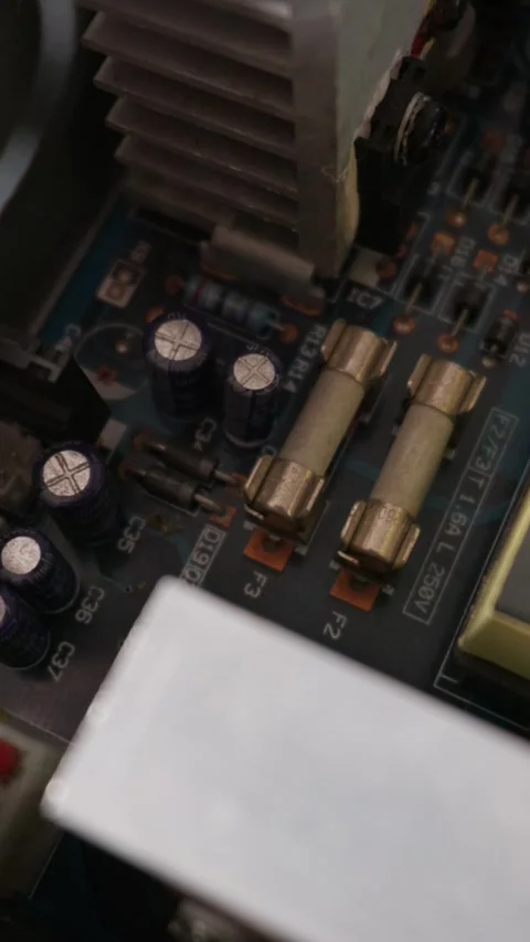 Close Up of Circuit Board Components Including Fuses and Capacitors Vídeos de archivo 334109590