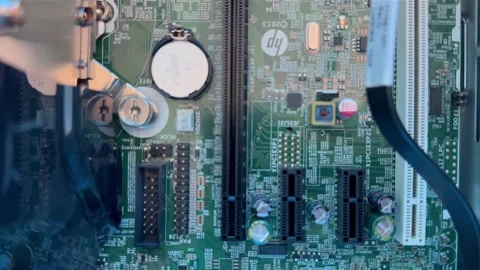 Close up of circuit board with microchips and other computer parts. RAM memory Stock Footage 269405237