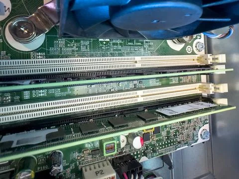 Close up of circuit board with microchips and other computer parts. RAM mem.. Stock Photos