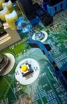 Close up of circuit board with microchips and other computer parts. Cables .. 写真素材
