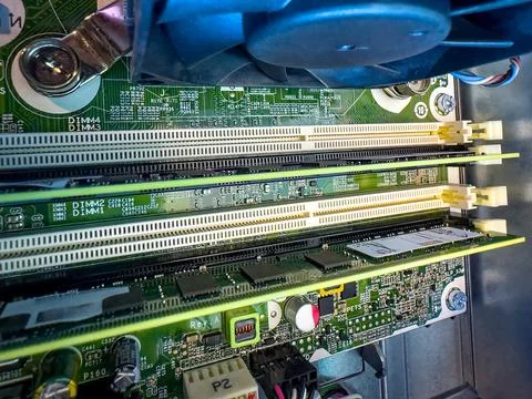 Close up of circuit board with microchips and other computer parts. RAM mem.. Stock Photos
