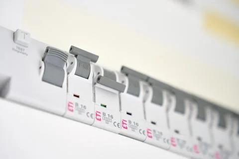 Close up of circuit breakers in electrical distribution panel Stock Photos