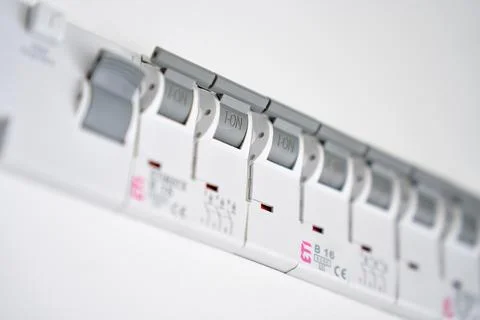 Close up of circuit breakers in electrical panel Stock Photos