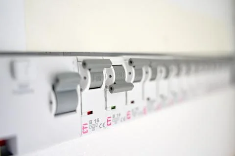 Close up of circuit breakers in electrical panel Stock Photos