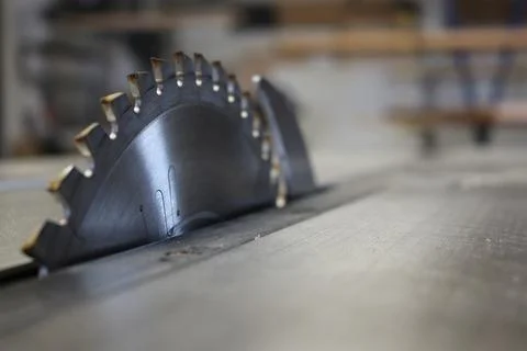 Close-Up of a Circular Saw Blade in a Workshop Stock Photos