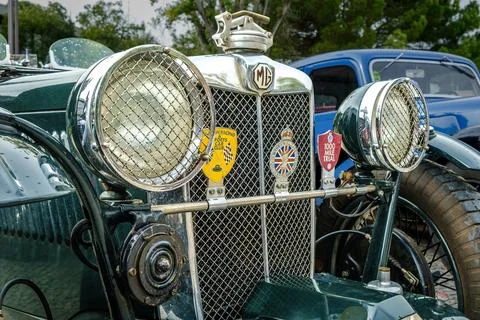 Close-up of classic pre-war MG K-Type K3 Magnette, headlights and grille Stock Photos