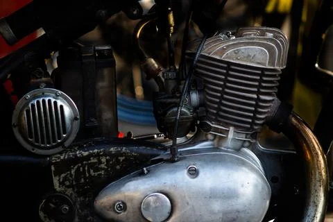 Close Up of Classic Vintage Motorcycle Engine with Metal Horn and Cylinder Fi Stock Photos
