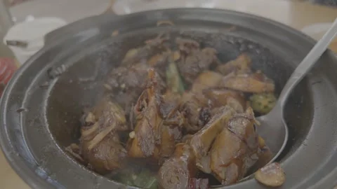 Close-up of claypot Bak Kut Teh at a Chinese restaurant. Stock Footage 344011070