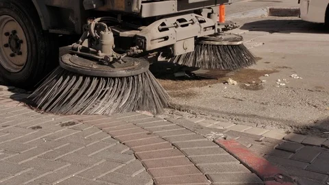 Close up. Cleaning Machine removing trash from the street. Stock Footage 125881429