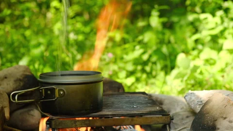 Close-up of clear fresh water being poured in metal pot on campfire Stock Footage 333767826