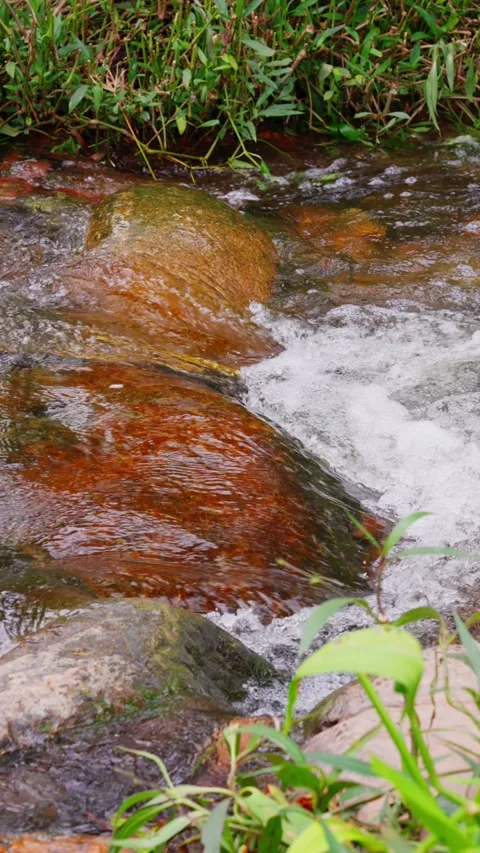 Close-up of clear stream rushing between orange boulders Stock Footage 340486151