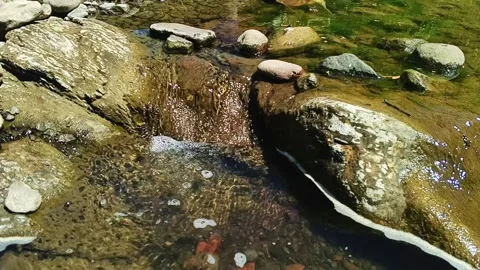 Close-up of clear water cascading gently over smooth rocks Stock Footage 344428777